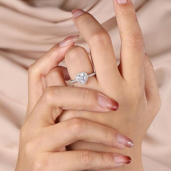 White Gold Heart CZ Simulated Diamond Ring, Cubic Zirconia 925 Sterling Silver - Picture 3 of 5